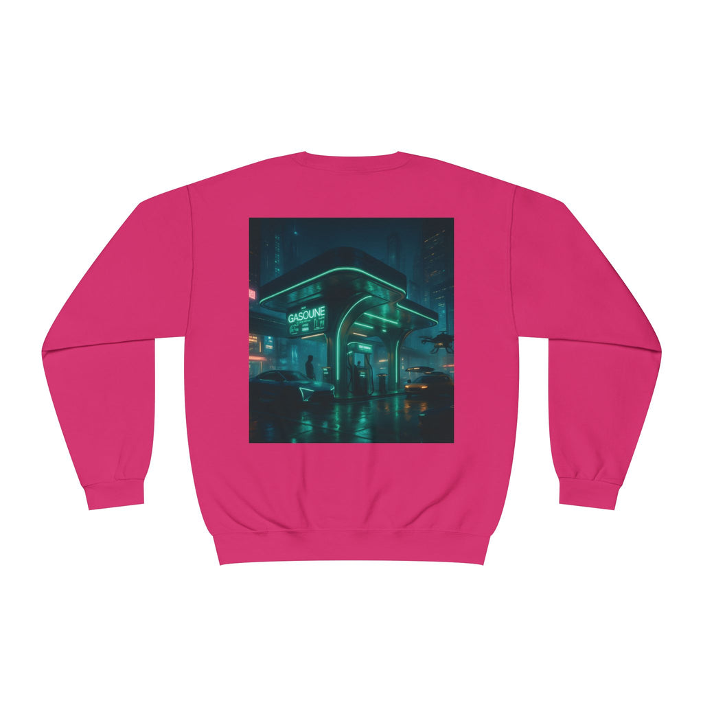 Neon Diner Crewneck Sweatshirt — Cyberpunk Cityscape Back Print