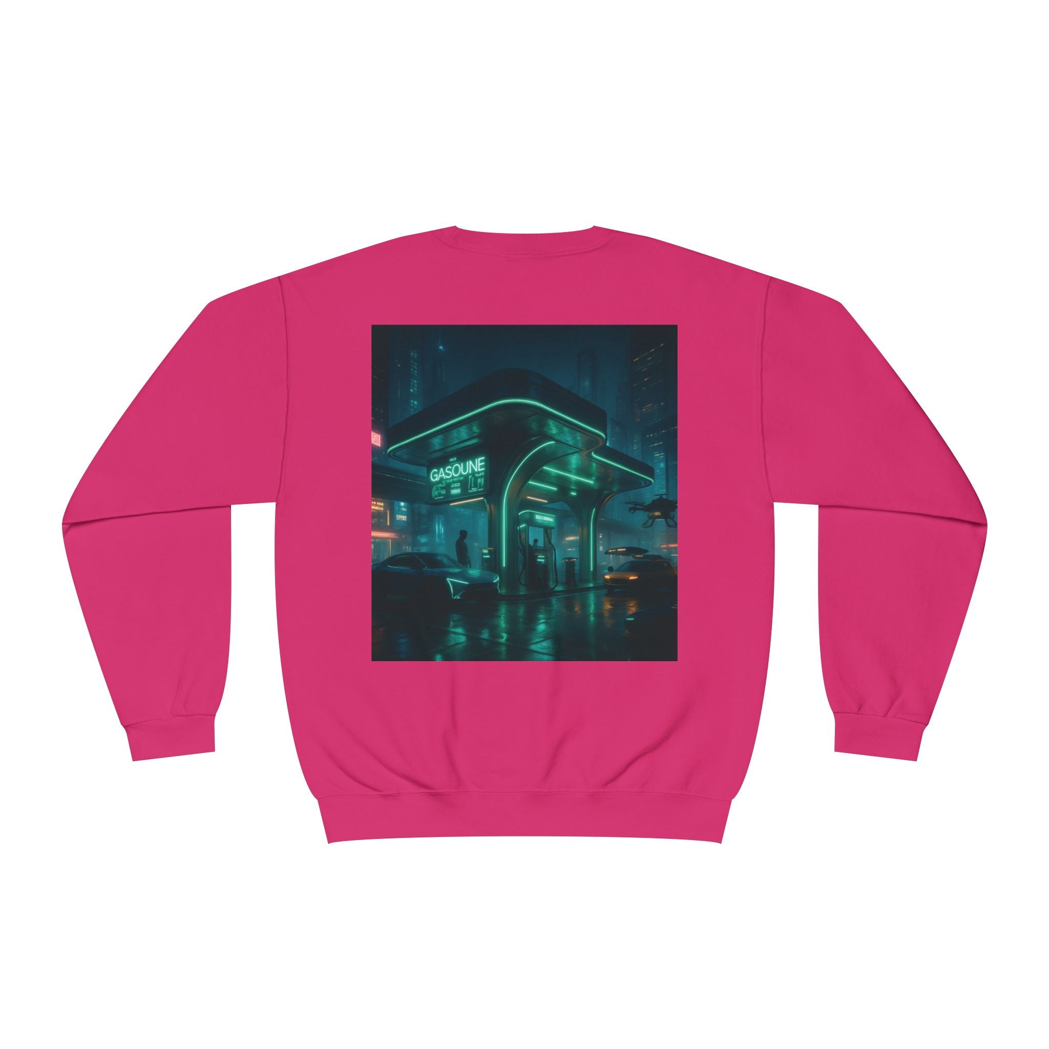 Neon Diner Crewneck Sweatshirt — Cyberpunk Cityscape Back Print