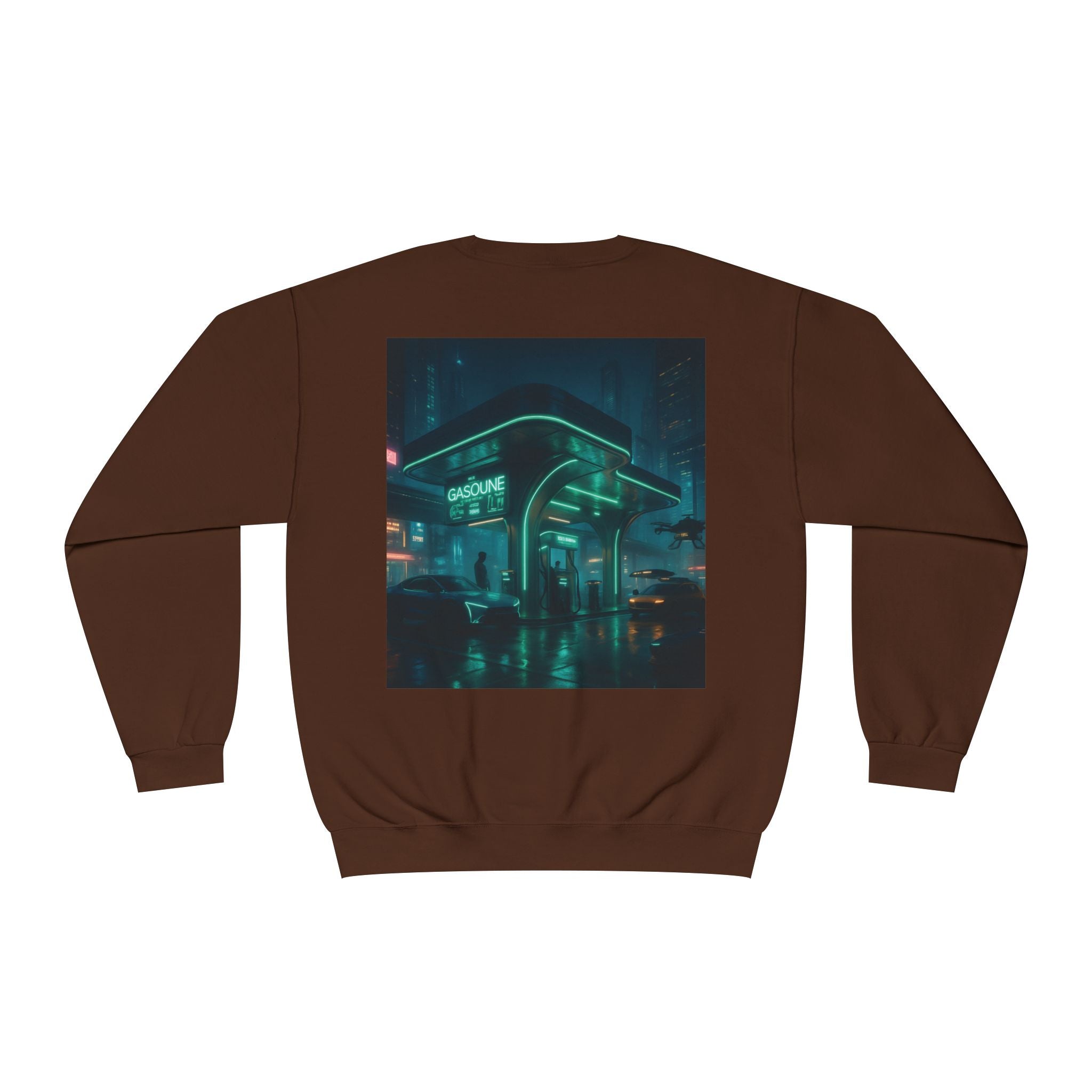 Neon Diner Crewneck Sweatshirt — Cyberpunk Cityscape Back Print