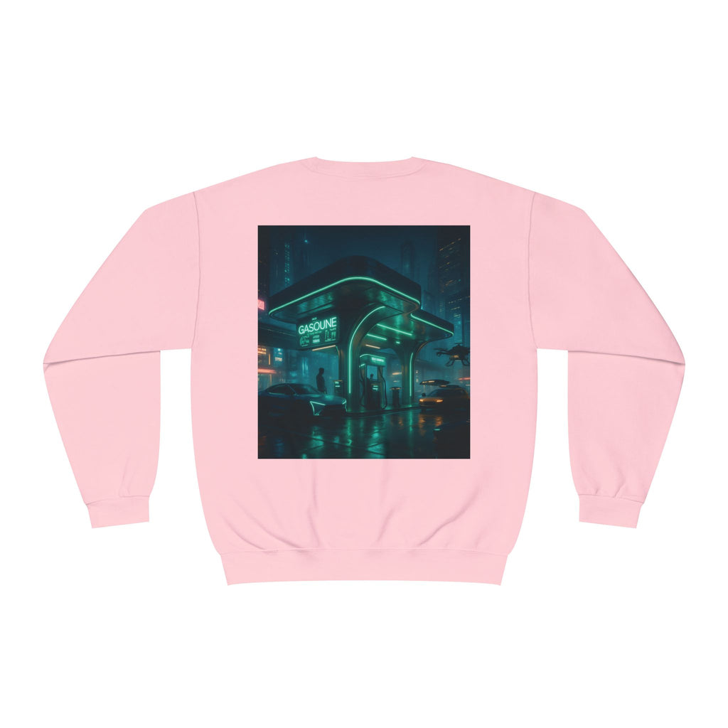 Neon Diner Crewneck Sweatshirt — Cyberpunk Cityscape Back Print