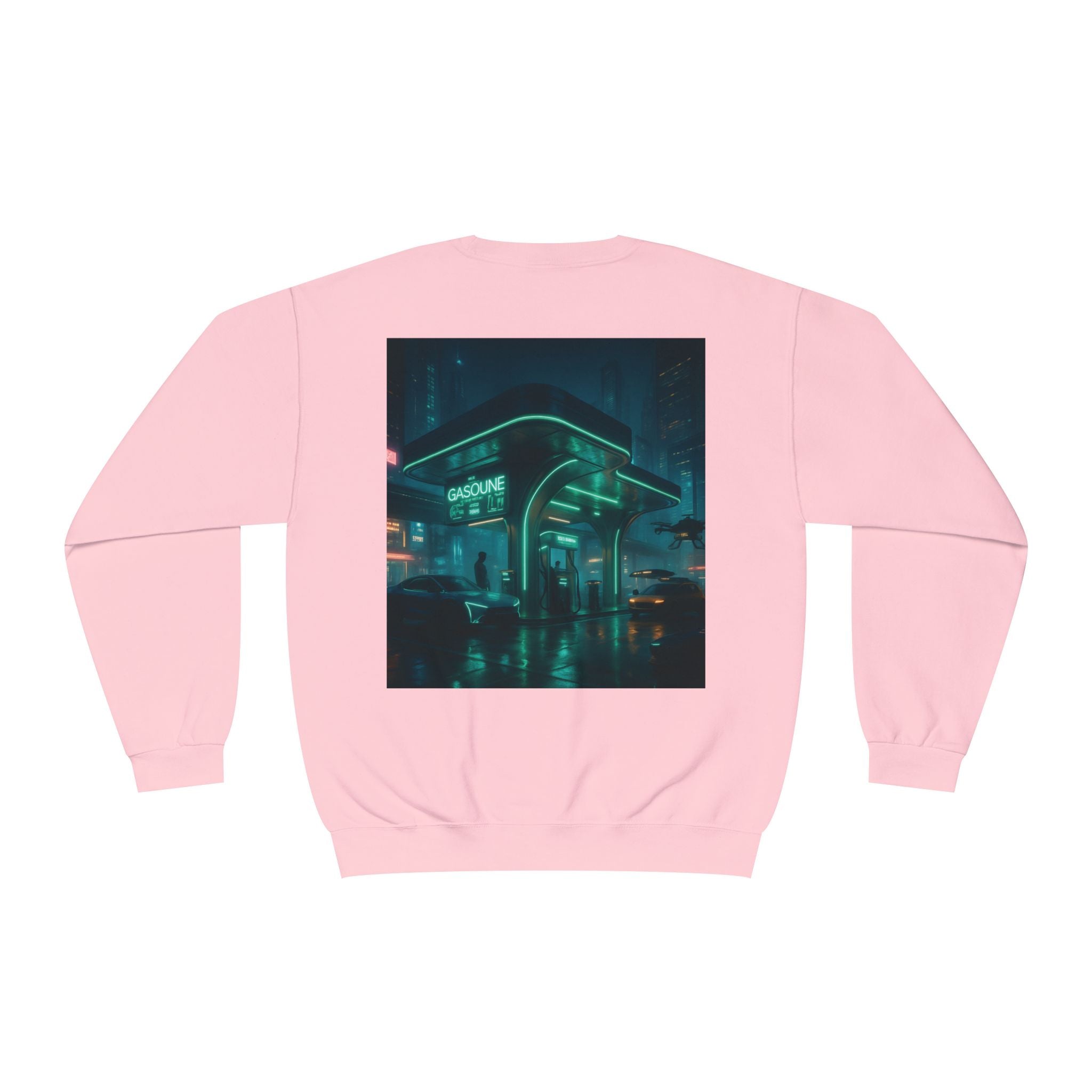 Neon Diner Crewneck Sweatshirt — Cyberpunk Cityscape Back Print