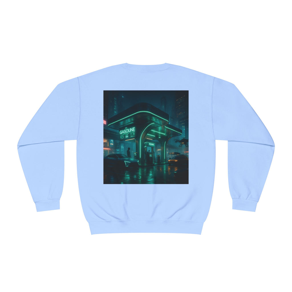 Neon Diner Crewneck Sweatshirt — Cyberpunk Cityscape Back Print
