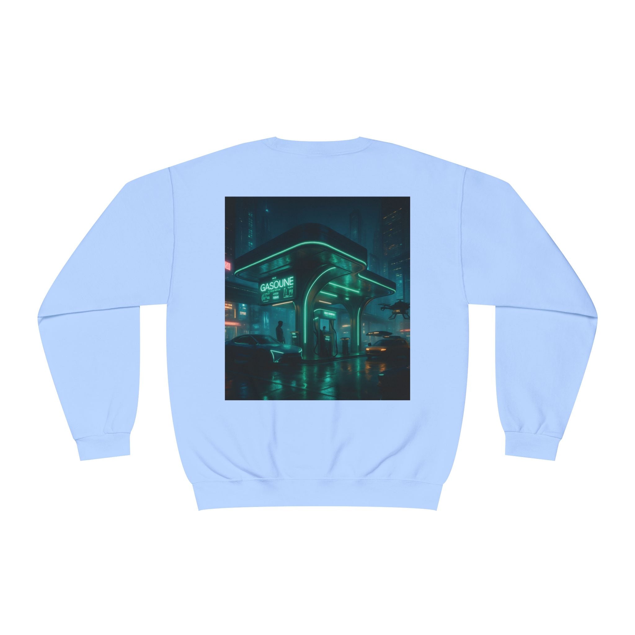 Neon Diner Crewneck Sweatshirt — Cyberpunk Cityscape Back Print