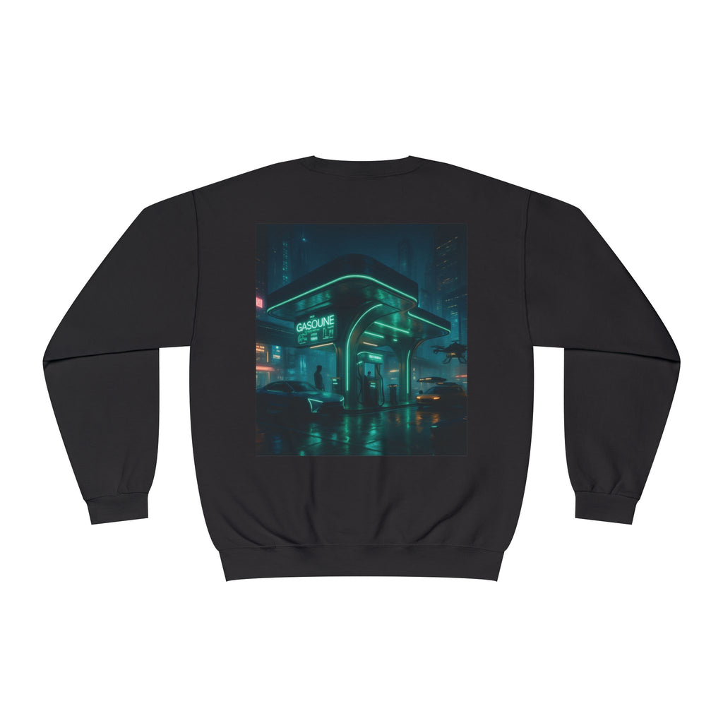 Neon Diner Crewneck Sweatshirt — Cyberpunk Cityscape Back Print