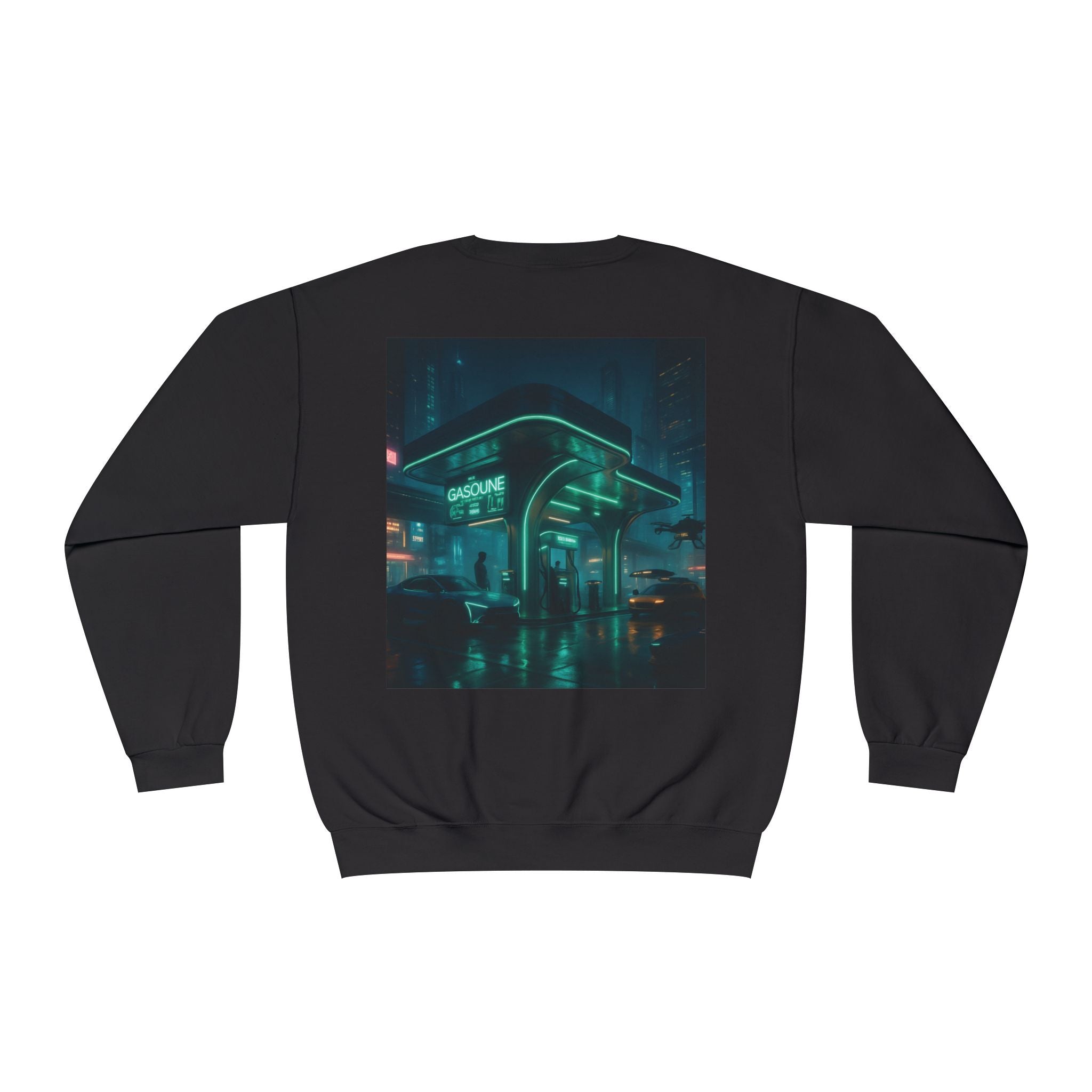 Neon Diner Crewneck Sweatshirt — Cyberpunk Cityscape Back Print